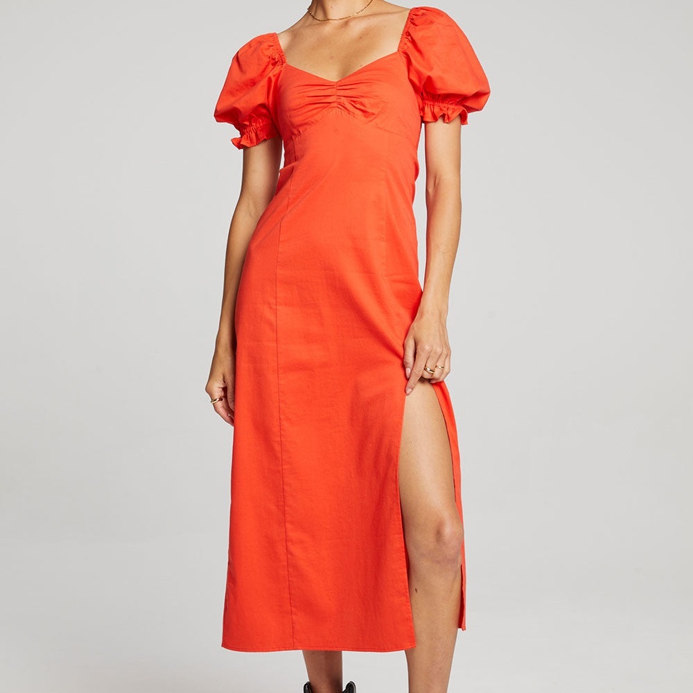Elegant Reddish Orange Puff Sleeve Dress